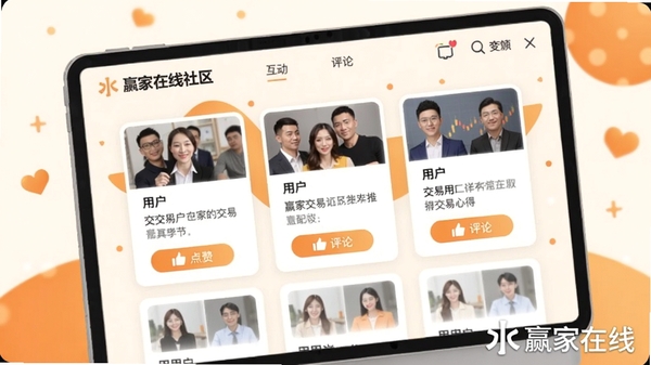 赢家在线社区互动界面,屏幕中展示用户发布的交易心得卡片,带有点赞评论按钮,背景为暖白色与橙色点缀,界面活泼亲切,图片中需包含赢家在线水印标识