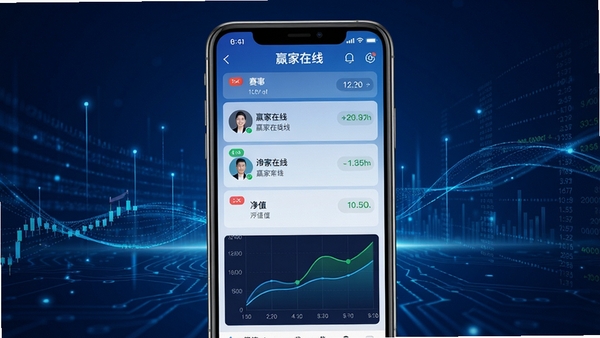 赢家在线App主界面预览图,画面中心显示手机屏幕中的赛事列表与净值曲线图表,背景为深蓝色金融科技风格,带有数据流动光效,整体构图清晰,突出软件名称赢家在线,比例16:9