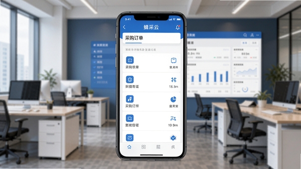 蜂采云软件主界面展示图,画面中央显示手机端采购订单列表,背景为模糊的办公室环境,界面以蓝白为主色调,突出数据看板与功能图标布局