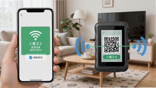 小鹰卫士连接设备示意图,手机扫描记录仪屏幕上的二维码,周围有Wi-Fi信号图标,背景为家庭客厅场景,画面清晰,突出连接成功的提示界面