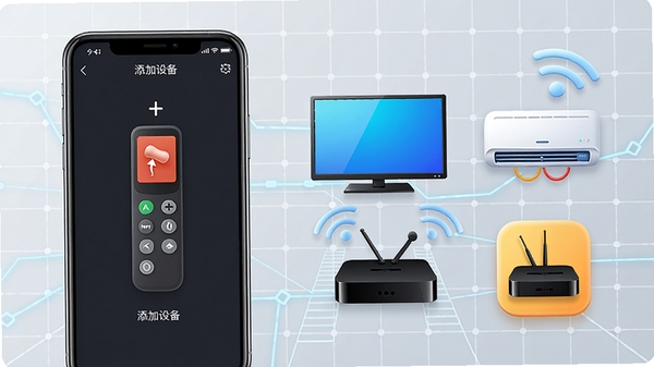 一张功能展示图,画面左侧是手机屏幕显示红外遥控器+的“添加设备”界面,右侧排列着电视、空调、机顶盒等家电图标,背景为浅灰色科技网格,整体风格简洁明快,突出软件的海量设备兼容性,色彩鲜艳,图标立体感强。