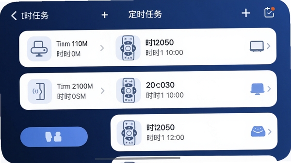 一张应用截图风格的图片,画面显示红外遥控器+的“定时任务”设置界面,背景是深蓝色渐变,列表中有多个定时任务卡片,每个卡片显示设备图标和定时时间,界面简洁清爽,按钮圆润,整体风格现代,符合移动端应用设计。