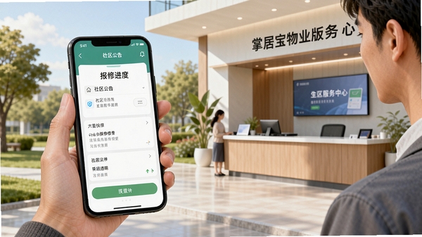 掌居宝物业版使用教程场景图,展示用户手持手机查看社区公告与报修进度,背景为现代小区服务中心,画风清新自然,突出软件操作便捷、信息透明的特点,采用半写实插画风格。