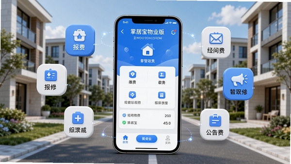 掌居宝物业版主界面功能预览图,展示清晰的社区管理后台与缴费模块,背景为现代智能小区景观,界面风格简洁明亮,突出软件名称与核心功能图标,整体色调以蓝白为主,画面中心为手机APP界面,周围环绕物业缴费、报修、公告等悬浮图标,采用3D渲染效果,细节丰富清晰。