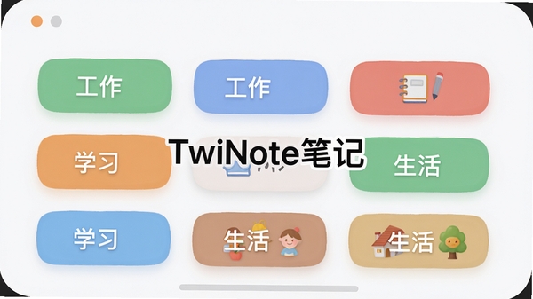 展示TwiNote笔记的标签分类界面,画面中多个彩色标签卡片整齐排列,每个卡片上显示不同类别的名称,如“工作”“学习”“生活”,背景为浅白色,界面圆润,带有轻微的阴影效果,整体明亮清晰,突出分类管理的便捷性,图片中央有TwiNote笔记字样。