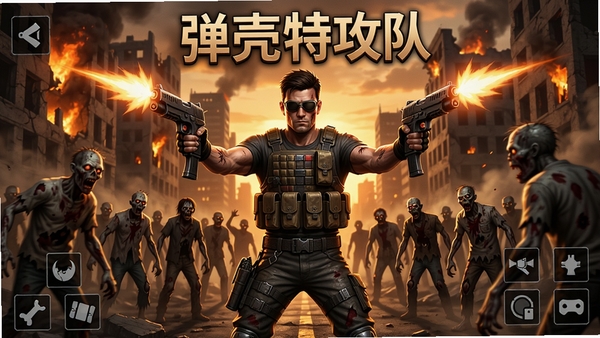 弹壳特攻队游戏宣传图,画面中心是主角手持双枪站在废墟城市街道上,周围是汹涌的丧尸群,背景是燃烧的大楼和夕阳,整体风格写实且充满动感,突出末日生存射击氛围,游戏UI图标清晰可见