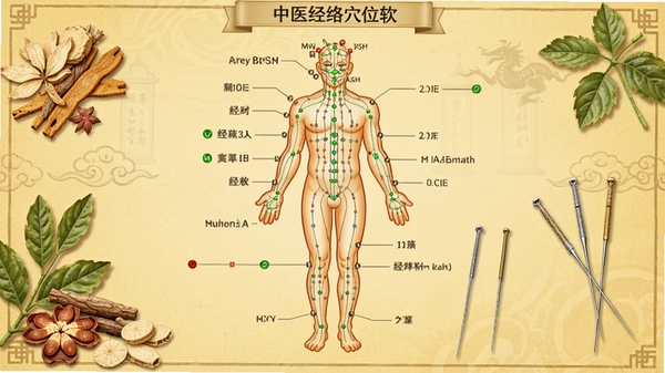 中医经络穴位软件主界面展示,包含完整人体经络图与穴位标注,背景为淡黄色中医风格,主体为清晰的人体穴位图,周围点缀中草药与针灸针元素,整体色调温暖古朴,画面居中,细节丰富,适配软件预览图风格