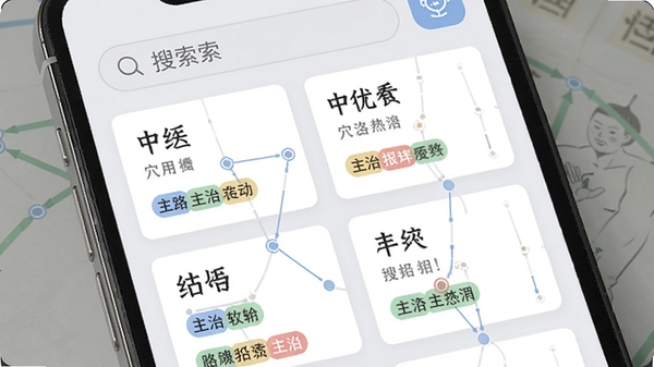 中医经络穴位软件搜索功能演示,手机屏幕显示搜索框与穴位列表,背景为浅灰色界面,搜索结果以卡片形式排列,每个卡片包含穴位名称与主治标签,整体风格简洁现代,突出搜索的便捷性
