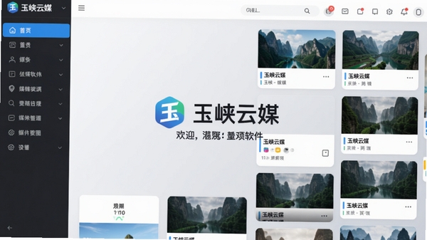 玉峡云媒软件主界面预览图,展示整洁的媒体库布局,左侧分类导航栏,右侧内容卡片瀑布流,背景为浅灰色渐变,中心位置突出玉峡云媒Logo及欢迎标语,整体风格现代简约,色彩明亮清晰