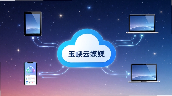 玉峡云媒多设备同步概念图,画面中央为玉峡云媒云朵Logo,四周环绕手机、平板、笔记本电脑图标,用发光线条连接,背景为星空渐变,强调数据互通与高效协同