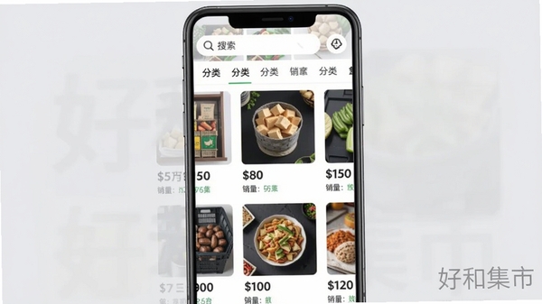 好和集市商品采购界面截图,画面显示智能手机屏幕内有多排商品缩略图,每个商品下方标注价格和销量,屏幕上方有搜索栏和分类标签,背景为淡灰色,整体风格清爽,突出软件功能,带有“好和集市”字样水印
