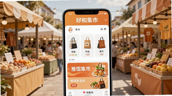 好和集市主界面预览图,画面中央是一个带有“好和集市”Logo的智能手机,屏幕中展示商品分类列表和促销活动横幅,背景为模糊的现代集市摊位,色调明亮温暖,突出购物氛围,整体构图简洁清晰,适合软件介绍页展示