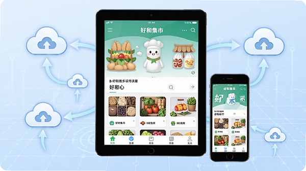 好和集市多设备同步示意图,画面中心是一台平板电脑和一部手机,两者屏幕中均显示“好和集市”应用界面,周围有云端同步图标和箭头,背景为浅蓝色科技感网格,风格简洁现代,突出数据同步概念