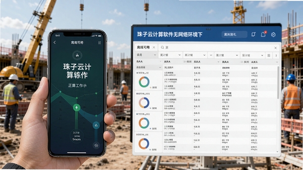 珠子云计算软件在无网络环境下正常工作的演示图,手机屏幕显示计算完成的展开数据,背景是户外施工现场,强调离线可用特性