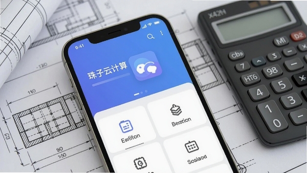 珠子云计算app主界面预览图,展示软件在手机上的整体布局,背景为工程图纸和计算器,主体界面清晰显示功能菜单,风格简洁现代,适配Boogu模型生成