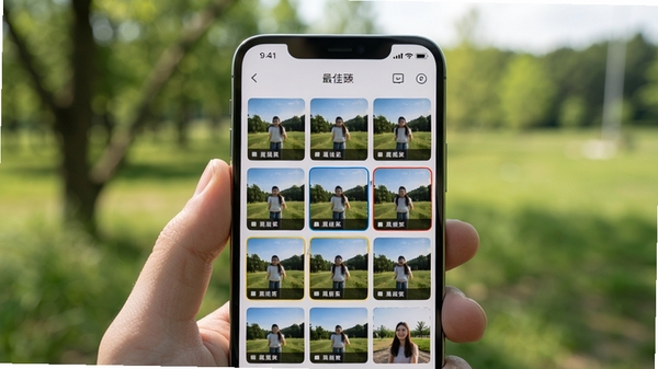 连拍臻智能优选功能展示,手机屏幕显示多张连拍照片缩略图并自动标记最佳照片,背景为户外自然光环境,画面主体为连拍臻应用界面,突出智能筛选与画质增强效果,清新自然风格