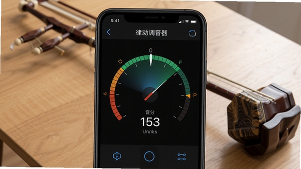 律动二胡调音器主界面展示,手机屏幕中央显示调音指针与音分偏差数值,背景为木质桌面与一把二胡,画面简洁明亮,突出软件的实用性与专业性,整体风格写实清晰。