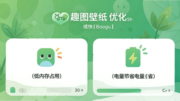 趣图壁纸应用的性能优化界面,显示低内存占用和电量节省的示意图标,背景为绿色清新风格,体现轻快省电特性,适配Boogu模型生成