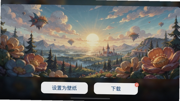 趣图壁纸的预览与设置页面,展示一张精美壁纸全屏预览,下方有「设置为壁纸」「下载」按钮,界面友好,操作提示清晰,适配Boogu模型生成