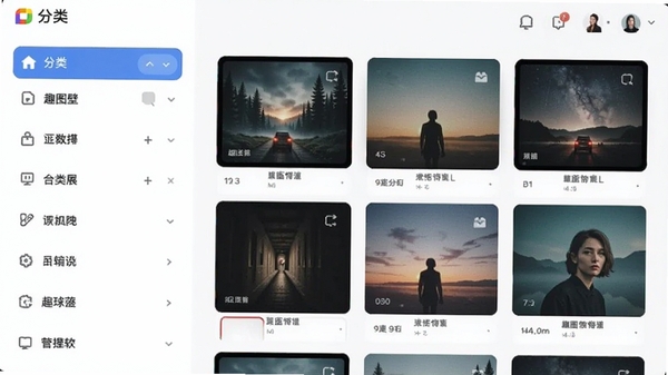 趣图壁纸软件的分类筛选界面,左侧为分类列表,右侧显示对应壁纸缩略图,界面简洁直观,具有现代感,适配Boogu模型生成