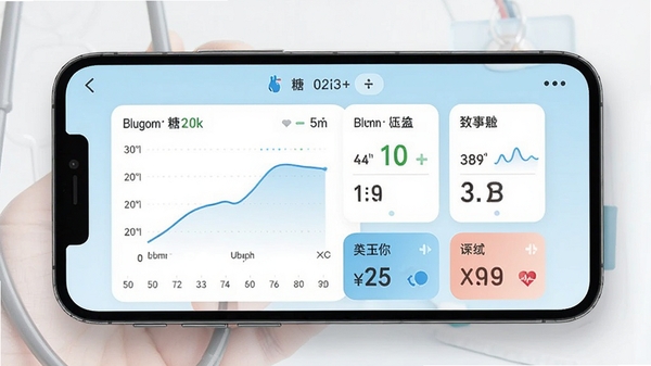 血糖血压追踪软件主界面预览图,展示手机屏幕上的血糖和血压记录仪表盘,背景为淡蓝色医疗风格,包含趋势曲线和数据卡片,整体明亮清晰