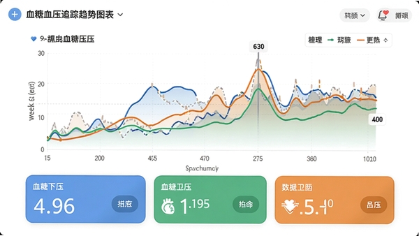 血糖血压追踪趋势图表界面,展示一周血糖血压曲线,下方有数据统计卡片,背景为白色,图表色彩鲜明,便于阅读