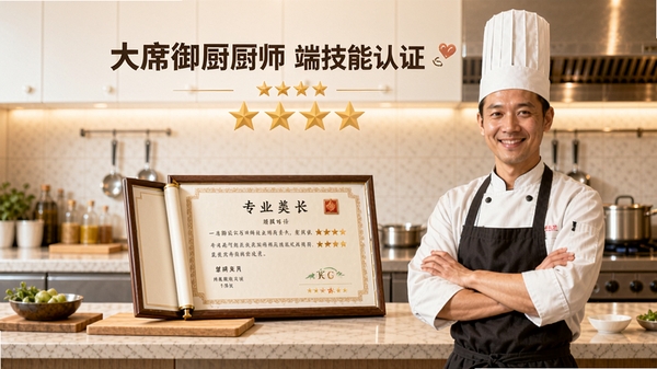 一席御厨厨师端技能认证页面,厨师展示专业证书和星级评价,背景为整洁的厨房操作台,厨师自信微笑,画面温馨专业