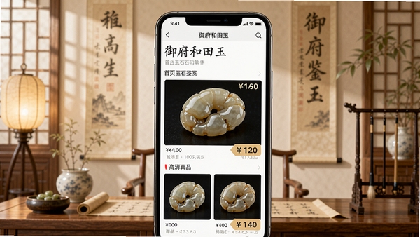 御府和田玉软件主界面预览图,展示首页玉石鉴赏列表与高清真品图片,背景为淡雅中式书房风格,暖光色调,画面主体为手机屏幕特写,屏幕内显示和田玉籽料高清图片与价格标签,整体画面清晰、构图居中,突出软件专业性与文化感