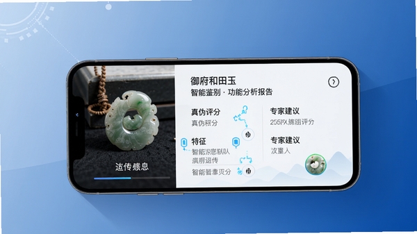 御府和田玉智能鉴别功能示意图,手机屏幕显示上传玉石照片后生成分析报告的界面,报告包含真伪评分、特征标注与专家建议,背景为简洁的渐变蓝色,突出科技感与专业感