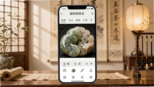 御府和田玉APP主界面预览图,展示玉石高清大图与功能菜单,背景为淡雅的中式书房场景,暖色调灯光,画面主体为手机屏幕,屏幕内呈现和田玉籽料特写与分类导航栏,整体风格古朴素雅,符合玉石鉴赏氛围,画面比例16:9