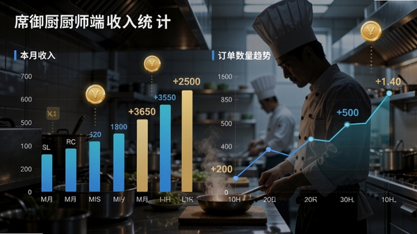 一席御厨厨师端收入统计页面,展示本月收入柱状图、订单数量趋势线,背景为厨师在厨房忙碌的侧影,金币与数字元素悬浮,风格现代,数据可视化清晰