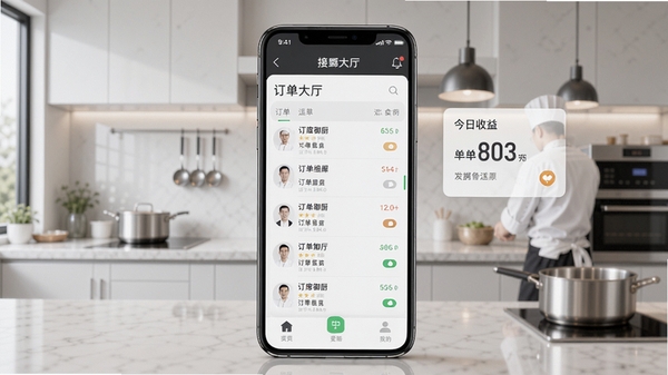 一席御厨厨师端主界面截图,展示厨师接单大厅、订单列表和今日收益卡片,背景为现代简约厨房场景,画面主体突出手机APP界面,光线明亮,细节清晰,风格写实,适合作为软件下载页首图