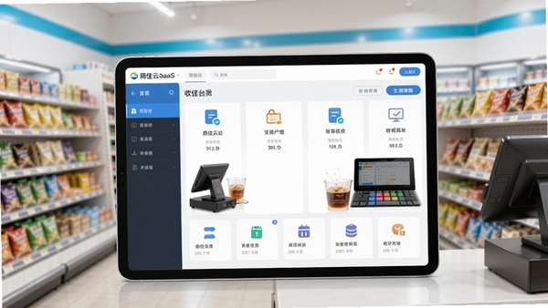 商佳云SaaS主界面预览图,画面主体为一台平板电脑展示商佳云SaaS的收银台界面,背景是模糊的现代便利店货架,整体色调明亮清晰,突出软件界面布局和功能图标,采用写实产品截图风格,高分辨率,无文字水印