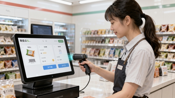 商佳云SaaS收银功能示意图,画面展示一位店员正在使用商佳云SaaS系统扫描商品条码,旁边屏幕显示支付方式选择界面,背景为明亮干净的便利店收银台,强调多支付聚合和流畅操作,写实摄影风格,色彩自然