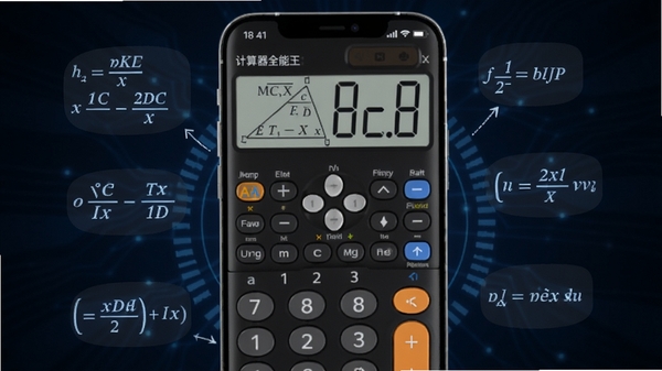 计算器全能王科学计算器模式使用场景示意图,手机屏幕上显示三角函数和括号运算,周围有数学公式符号漂浮,背景为深色科技感,突出软件的强大计算能力