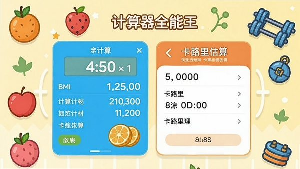 计算器全能王健康工具界面截图,展示BMI计算和卡路里估算页面,背景有水果和运动器材卡通图标,色调活泼明快,突出软件的生活化场景
