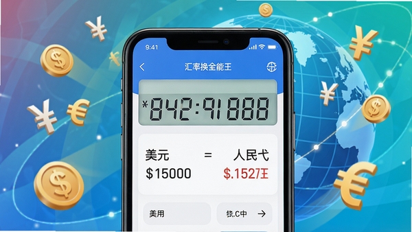 计算器全能王汇率换算功能展示图,手机界面显示美元与人民币的兑换结果,背景有地球和货币符号元素,色调明亮清晰,突出软件的实用性和便捷性