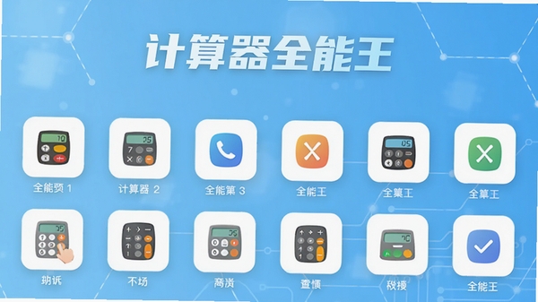 计算器全能王主界面预览图,展示清爽的UI设计和多种计算模式图标,背景为浅蓝色科技感渐变,图标排列整齐,突出软件名称“计算器全能王”,整体风格简洁现代,适配手机屏幕比例