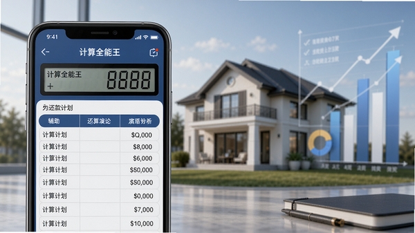 计算器全能王房贷计算功能演示,手机屏幕显示还款计划表格,背景带有房产和图表元素,风格商务简洁,突出软件的理财辅助功能