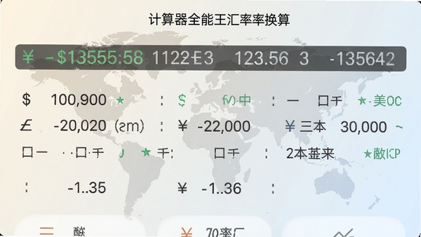 计算器全能王汇率换算界面,显示美元、欧元、日元等多种货币汇率,界面干净清爽,数字滚动更新,背景为浅色渐变,配以世界地图水印,高清渲染
