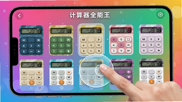 计算器全能王主题切换界面,展示多种颜色皮肤预览,用户手指滑动选择,背景为多彩渐变色,界面活泼,高清渲染