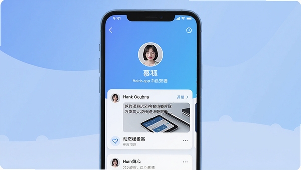 慕圈app主界面预览图,展示用户个人主页与动态信息流,背景为渐变蓝色系,画面主体居中,包含头像、昵称、内容卡片等元素,整体风格现代简洁,适配手机竖屏展示
