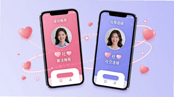 慕圈智能匹配功能示意图,画面展示两部手机屏幕中匹配成功的用户界面,周围有粉色爱心与连接线条元素,背景为浅紫色渐变,突出算法推荐与社交连接主题
