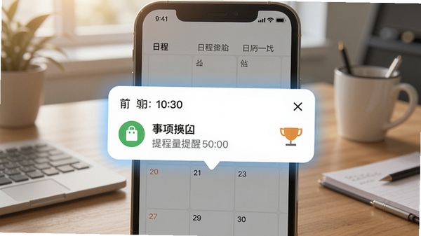 我的日历日程提醒功能示意图,手机屏幕上弹出日程通知卡片,显示时间、事项名称和提醒图标,背景为办公桌面场景,光线柔和,突出提醒的醒目效果。