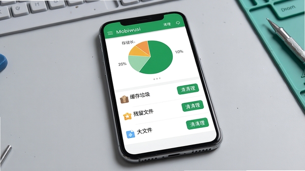 һ��չʾMobiwusi���ܴ洢�������ܵĲ������棬�ֻ���Ļ����ʾ�洢�ռ������ͼ���·��г����������������ļ������ļ��ȷ��࣬ÿ����������������ť����������ɫ�Ͱ�ɫΪ��ɫ��������Ϊǳ��ɫ����̨�������пɼ��ֻ�ʵ������Ļ���ݣ���������Mobiwusi����Ļ������ʾ�����дʵ��ϸ�ڷḻ