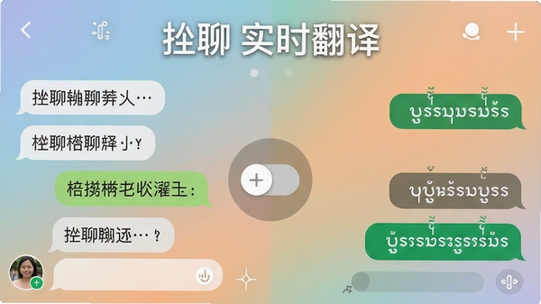 一张展示挝聊翻译功能的截图,屏幕左侧是中文消息气泡,右侧是老挝语消息气泡,中间有一个语言切换按钮,背景为柔和的渐变色,上方文字“挝聊 实时翻译”清晰可见,整体画面清晰直观。