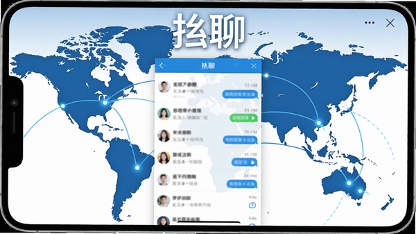 一张展示挝聊软件主界面的高清截图,画面中央是简洁的聊天列表,背景为抽象的世界地图轮廓,点缀着连接线条,整体色调以蓝色和白色为主,体现国际化社交氛围,软件名称“挝聊”醒目地显示在屏幕顶部。
