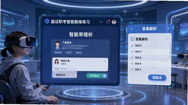 嬴证职考智能题库练习界面,展示答题页面与答案解析,背景为虚拟现实的学习场景,突出个性化学习报告与错题本功能,科技感十足。
