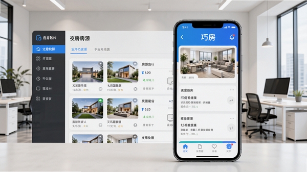 巧房软件主界面预览图,展示房源列表与功能菜单,背景为现代简约办公环境,前景为智能手机屏幕显示巧房APP界面,界面清晰,色彩明亮,突出移动办公场景,整体风格专业且富有科技感,采用Boogu模型生成