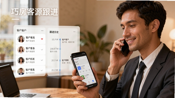 巧房客源跟进界面,显示客户列表及跟进历史时间线,背景为商务人士使用手机沟通的场景,画面温馨,突出客户关系维护的重要性,采用Boogu模型生成